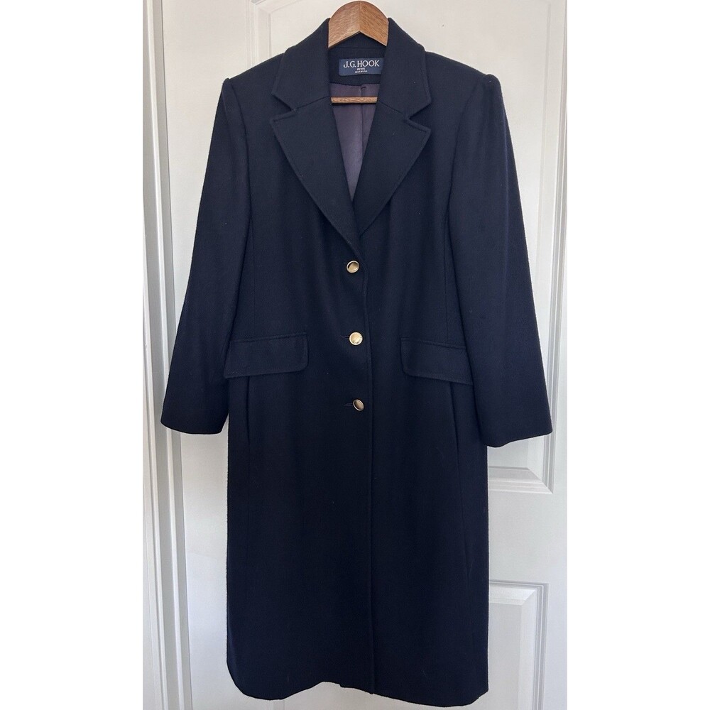 J G Hook Vintage Merino Wool Coat Sz 10 Navy Long Tailored Classic Gold Buttons - Picture 2 of 15